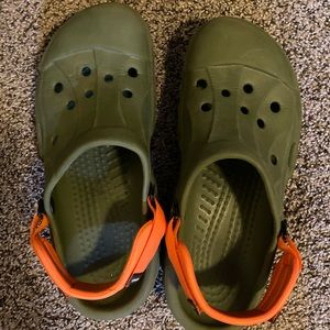 L.E. army green with caution orange ankle straps